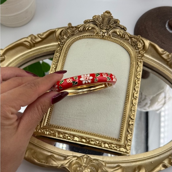 Red Floral Enamel Bangle Bracelet – Vintage Style Hinged Cuff - Picture 1 of 11